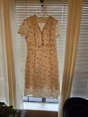 Retro Stage Pure Cotton Beige 1940s Puff Sleeves Floral Dress